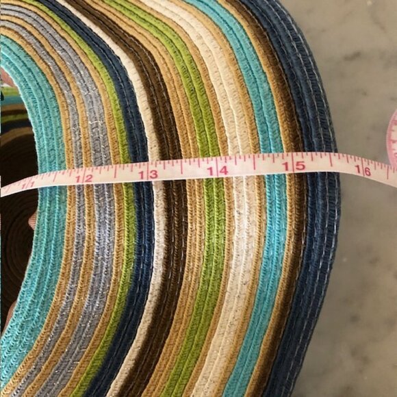 CYNTHIA ROWLEY Striped Straw Floppy Hat Blue Brown Green One Size - Picture 13 of 16